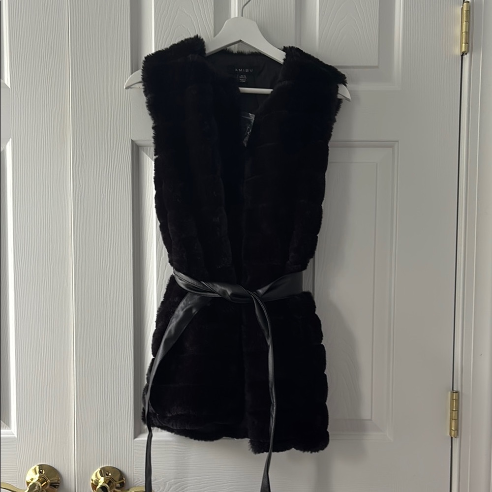 Black Faux Fur Vest with Leather Belt